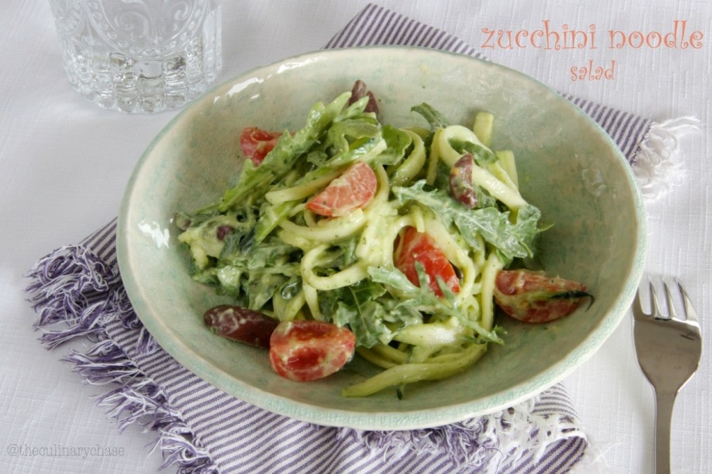 zucchini noodle salad with avocado dressing